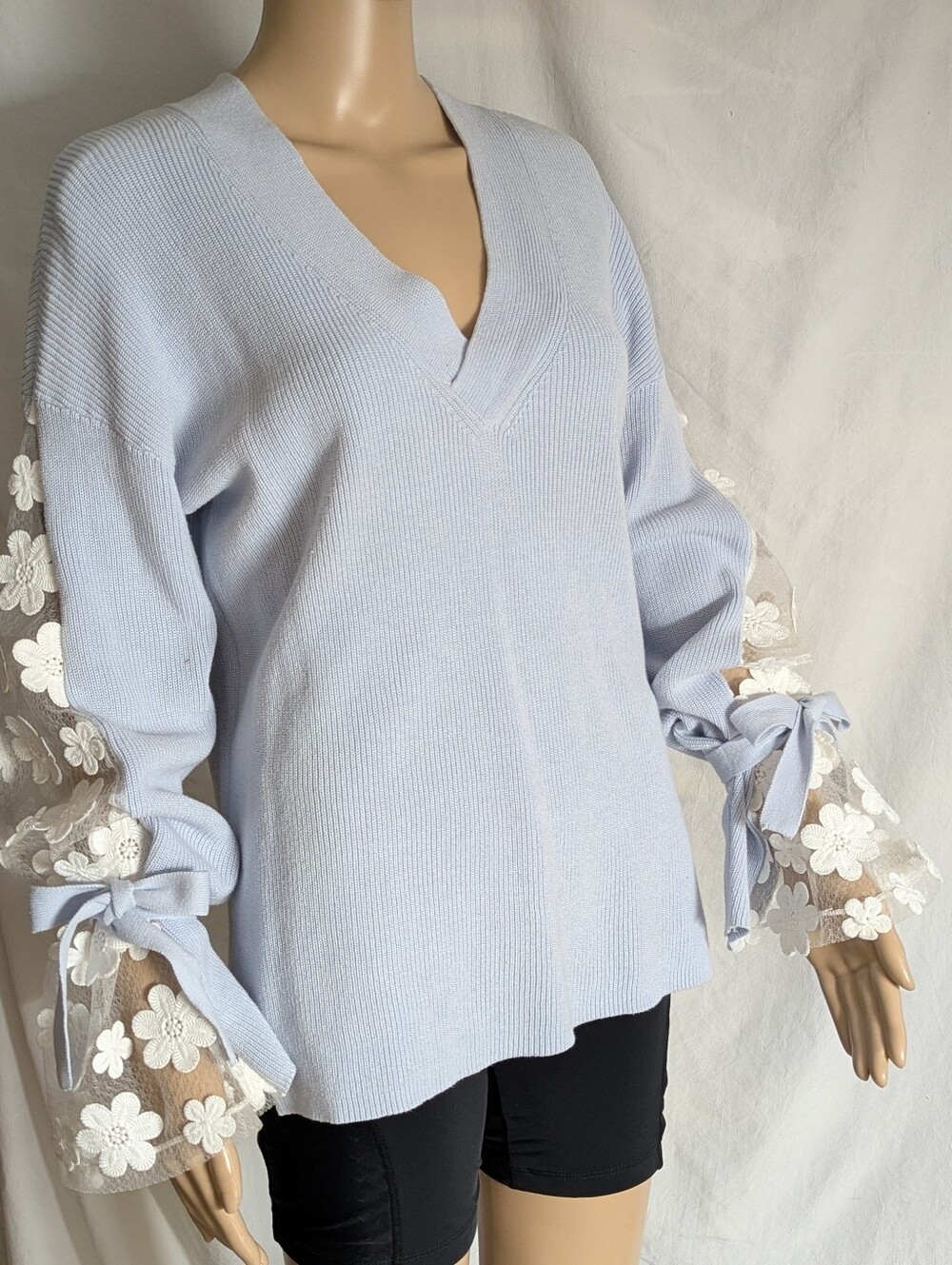 French Connection Pale Blue V-Neck Sweater with Floral Sheer Bell Sleeves Sz S/M